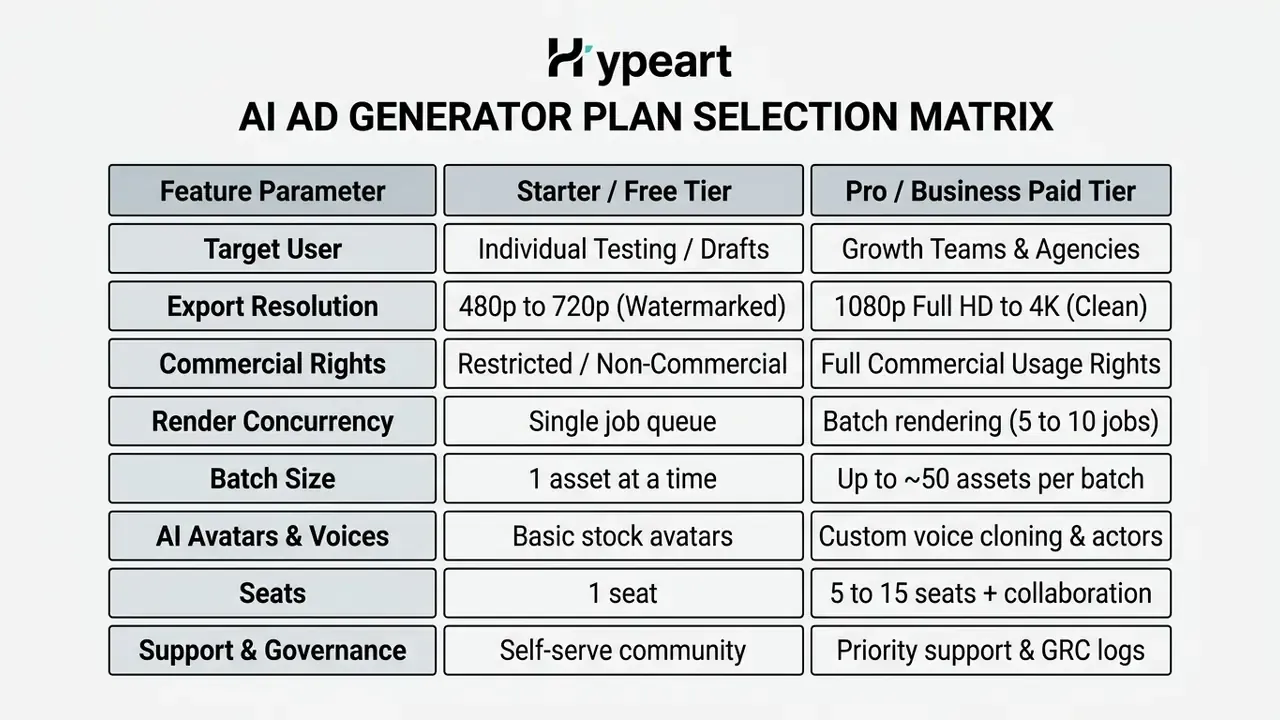 Table outlining feature differences between free and paid tiers for a video creation platform