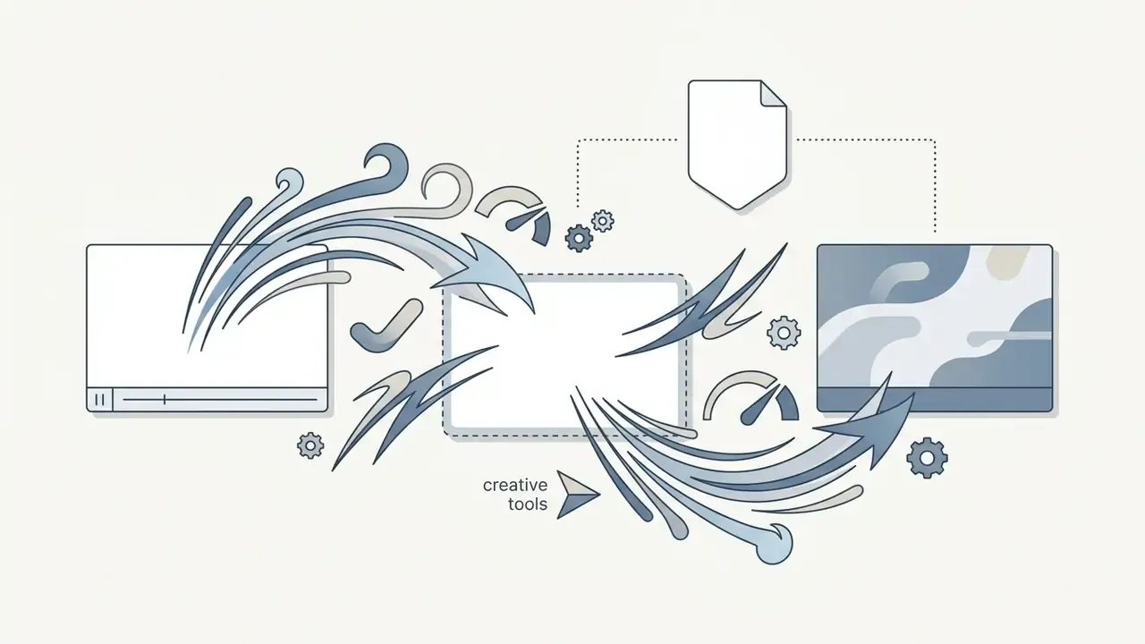 Sweeping wind arrows connecting video frames and creative tools with gears and speed gauges