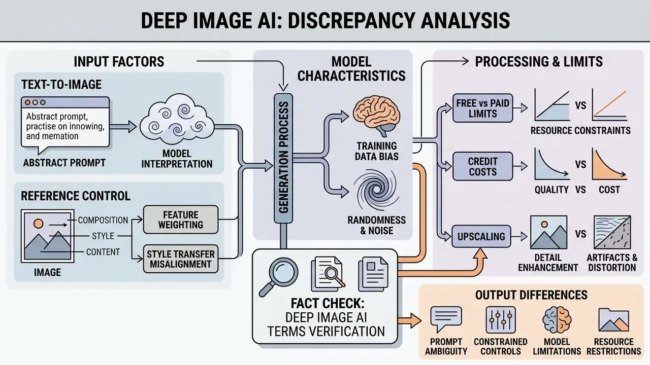 Flowchart mapping input factors, generation processes, and output discrepancies in synthetic media