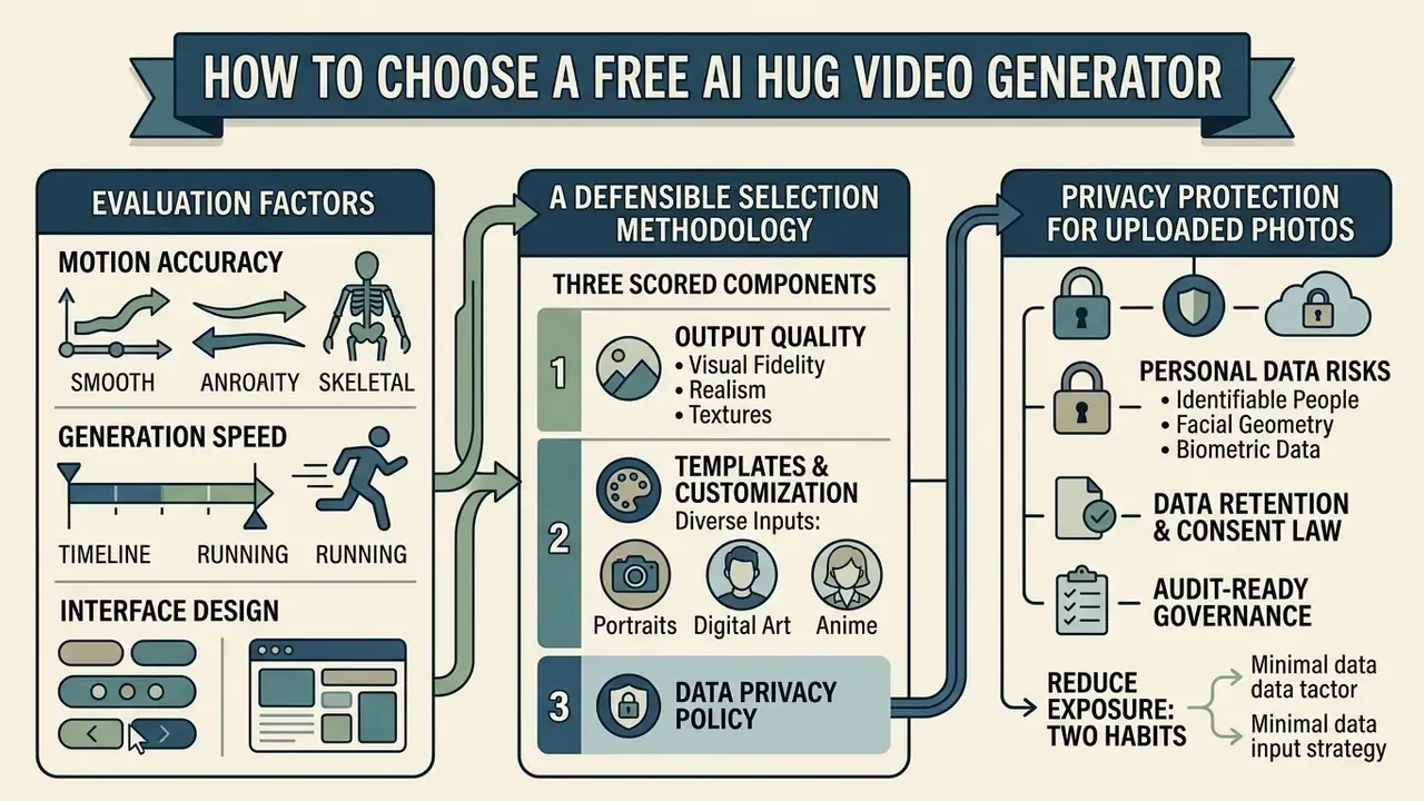 Diagram outlining evaluation factors and privacy considerations for selecting an ai hug video generator