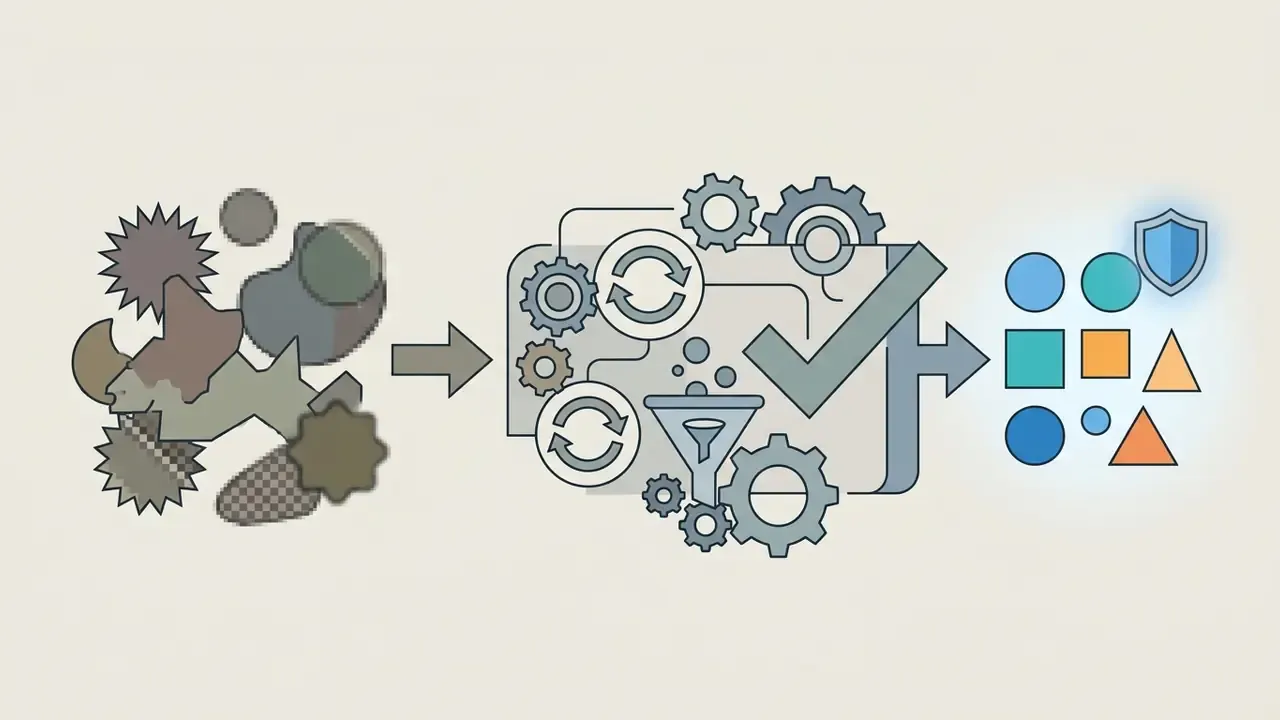 Cluttered shapes filtered through a gear mechanism and checkmark to produce clean geometric forms