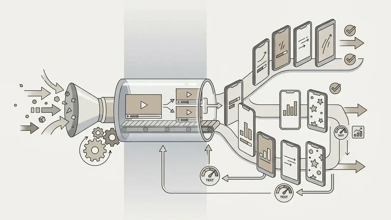 Automated production line processing raw data into various vertical video formats for mobile platforms