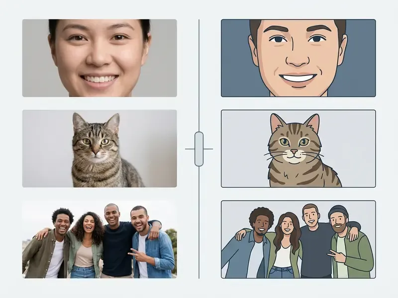 ## comparison of original source photos and neural cartoonization outputs across multiple subject types. *alt="cartoon photo editor before and after comparison"