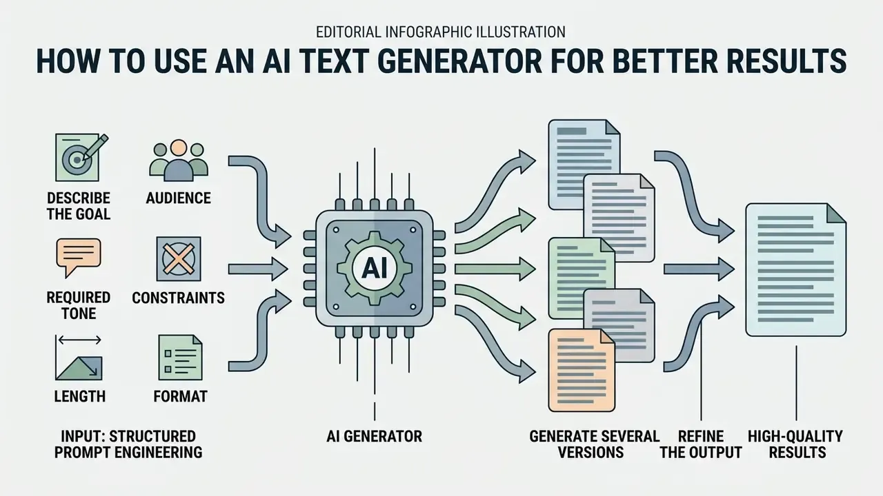 Step-by-step infographic showing how structured prompt inputs lead to refined content outputs