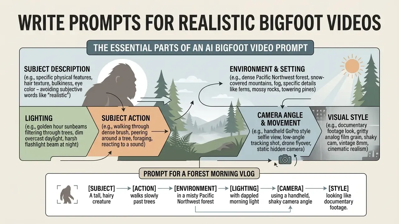 Infographic breaking down essential prompt components for creating realistic Bigfoot AI videos