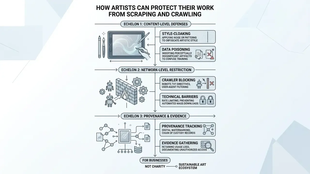 Three-tiered diagram showing methods to block data scraping through cloaking, firewalls, and provenance