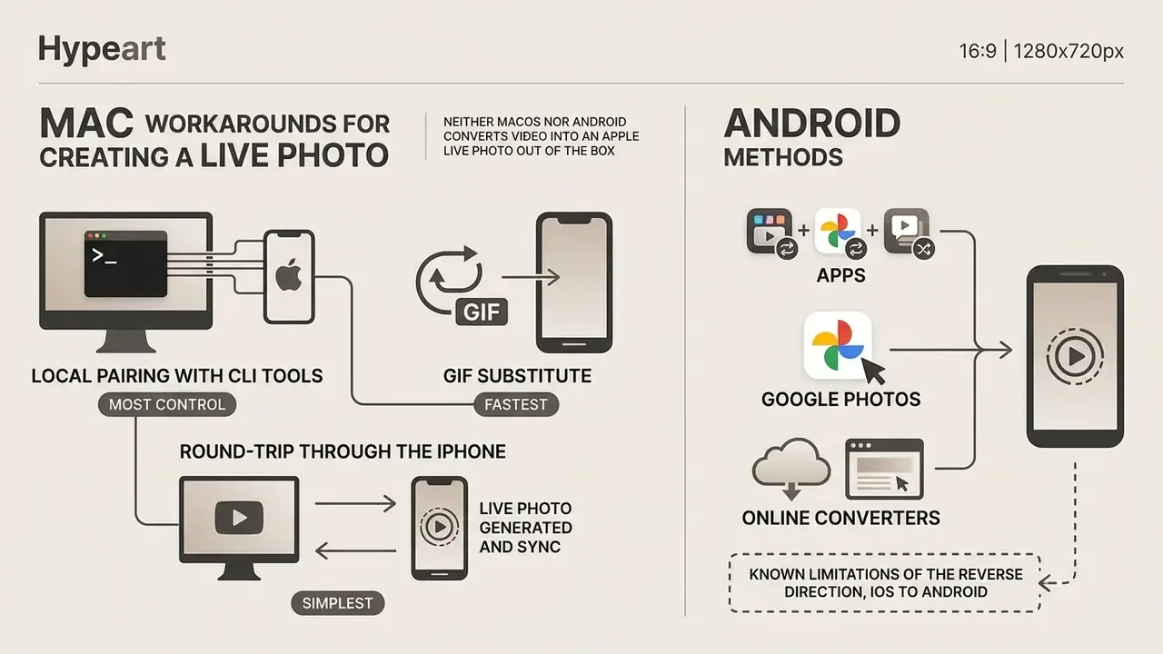 Comparison infographic detailing various technical approaches to turn a video into a live photo on Mac and Android