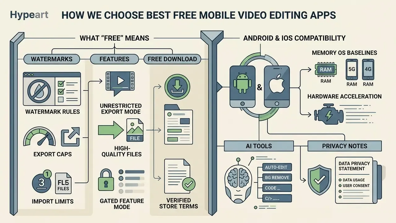 Infographic explaining criteria for free video editing apps including watermarks, features, and hardware needs