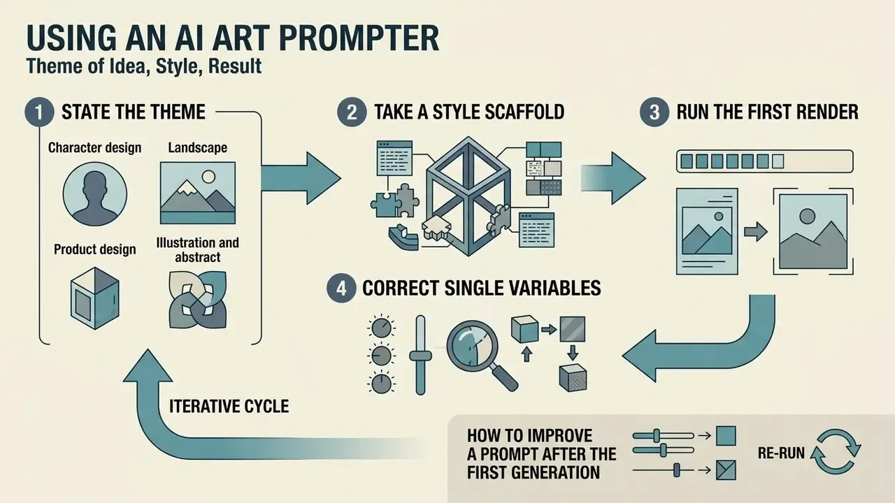 Four step cycle diagram showing theme selection, style scaffolding, initial rendering, and variable adjustment