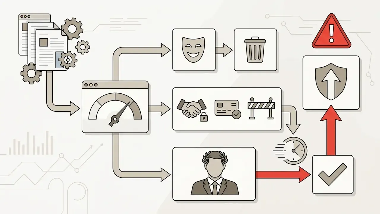 Process map showing content classification into satire, fraud, and impersonation with escalation steps