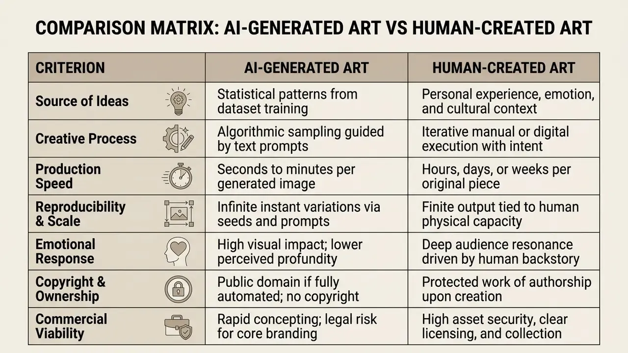 Comparison table contrasting AI-generated art and human-created art across seven key creative criteria