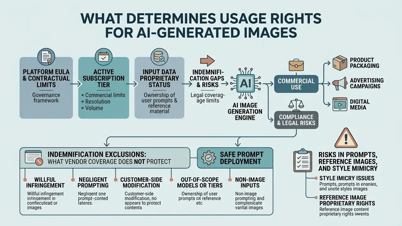 Flowchart showing factors influencing AI image generator commercial use and associated legal risks