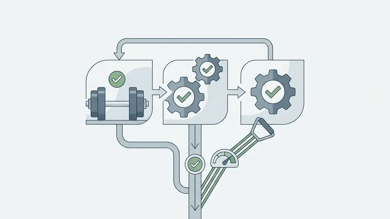 Dumbbell and gear icons linked by arrows leading to a central gauge and downward path