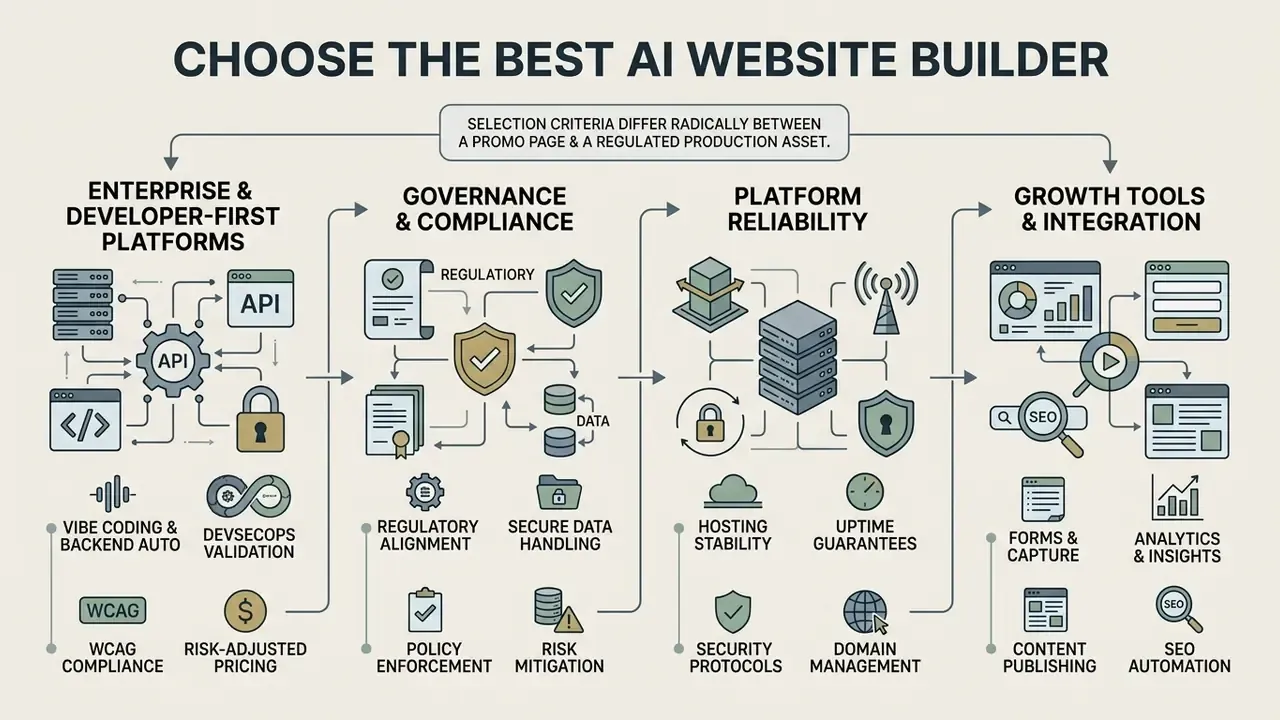 Infographic mapping key evaluation criteria for enterprise platforms, compliance, reliability, and growth