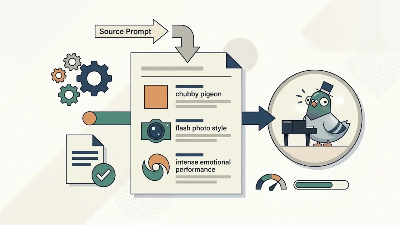 Document with prompt details transforming into a cartoon pigeon wearing a top hat at a piano