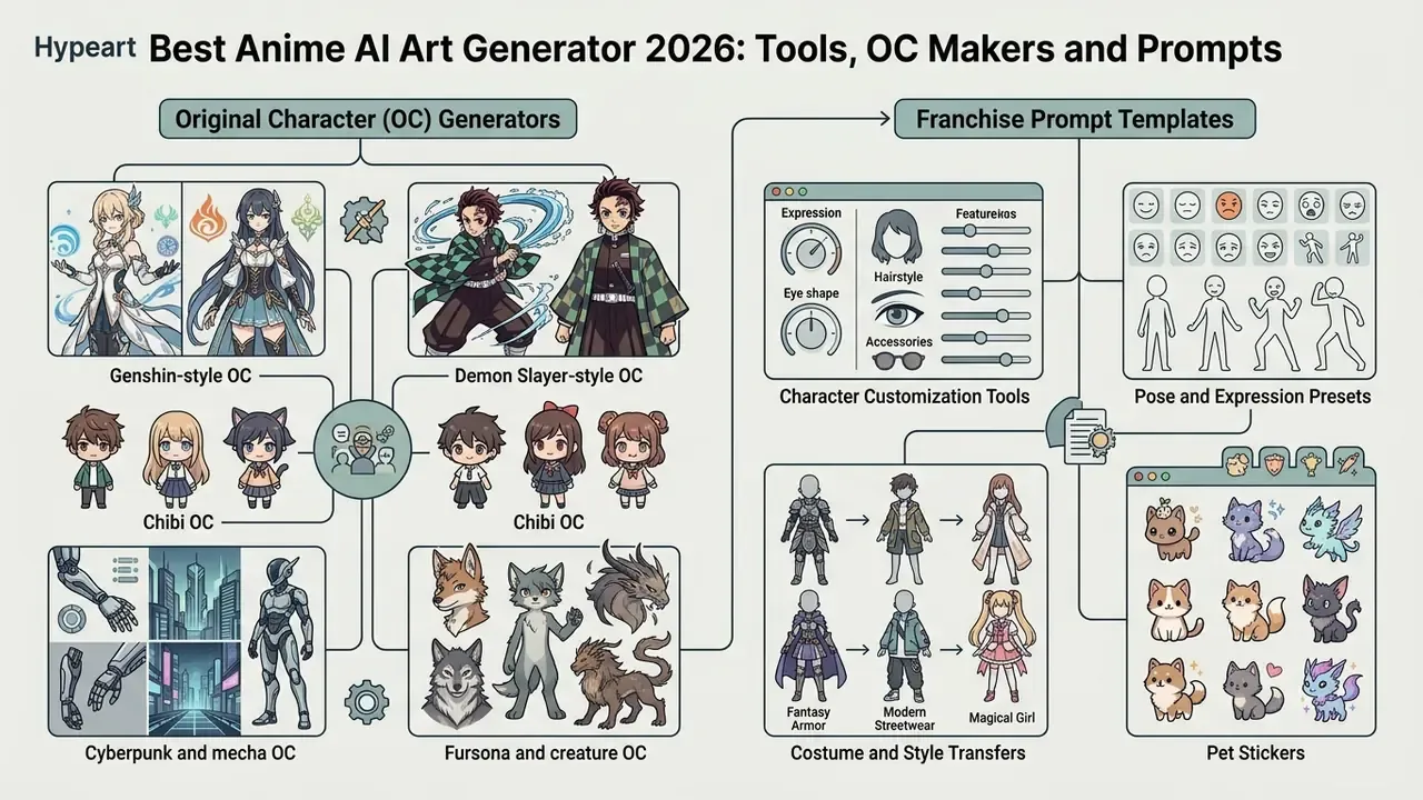 Infographic showing categories for anime AI art generation including character styles and prompt templates