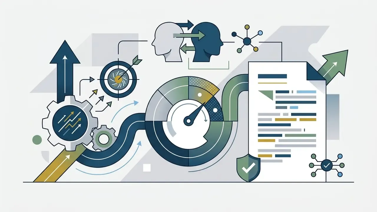Human profiles and gears connecting to a performance gauge that directs data into a structured document