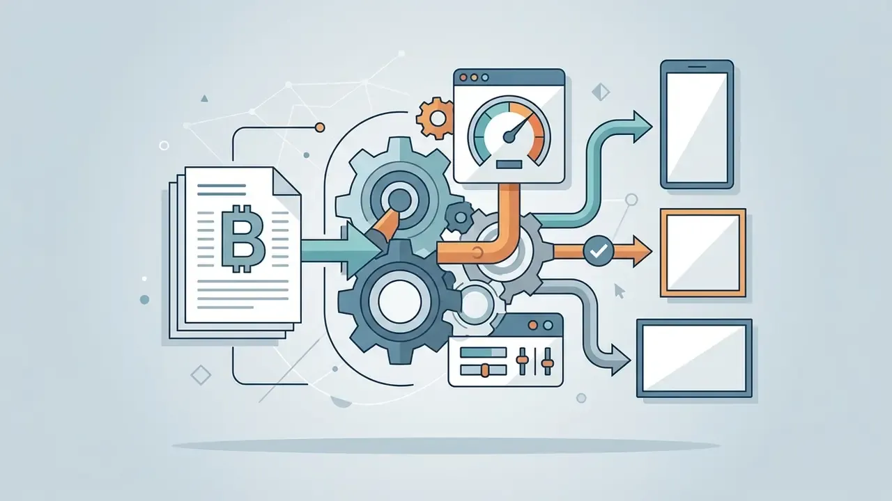 Document with a Bitcoin symbol feeding into gears that output content to various digital screen formats