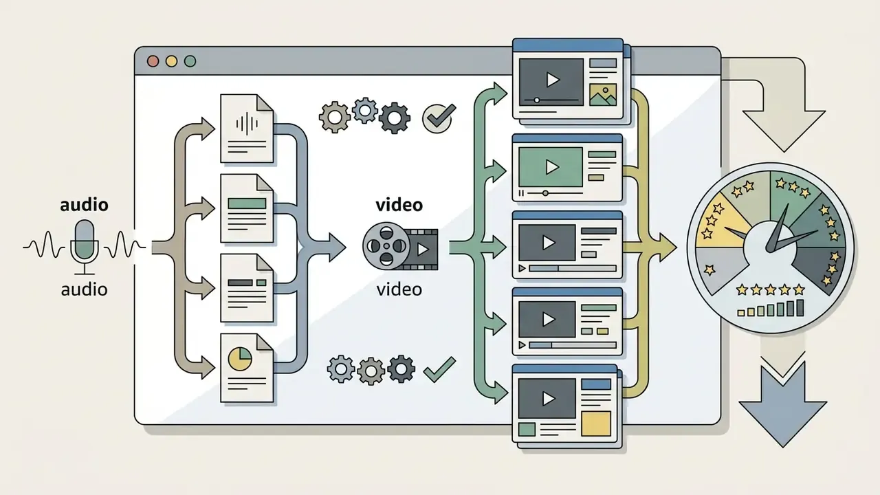 Browser window showing audio and video file conversion paths leading to a star rating gauge