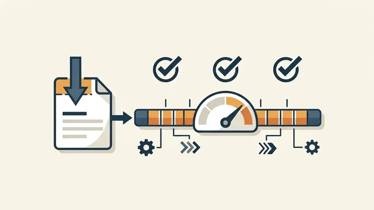 Document icon feeding into a segmented timeline with a speedometer gauge and checkmark symbols