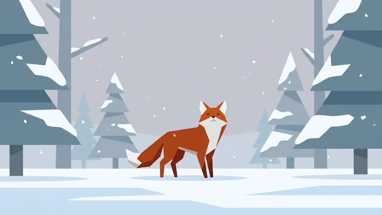 Flat 2D illustration of a lone fox standing in a snowy forest during a calm winter day