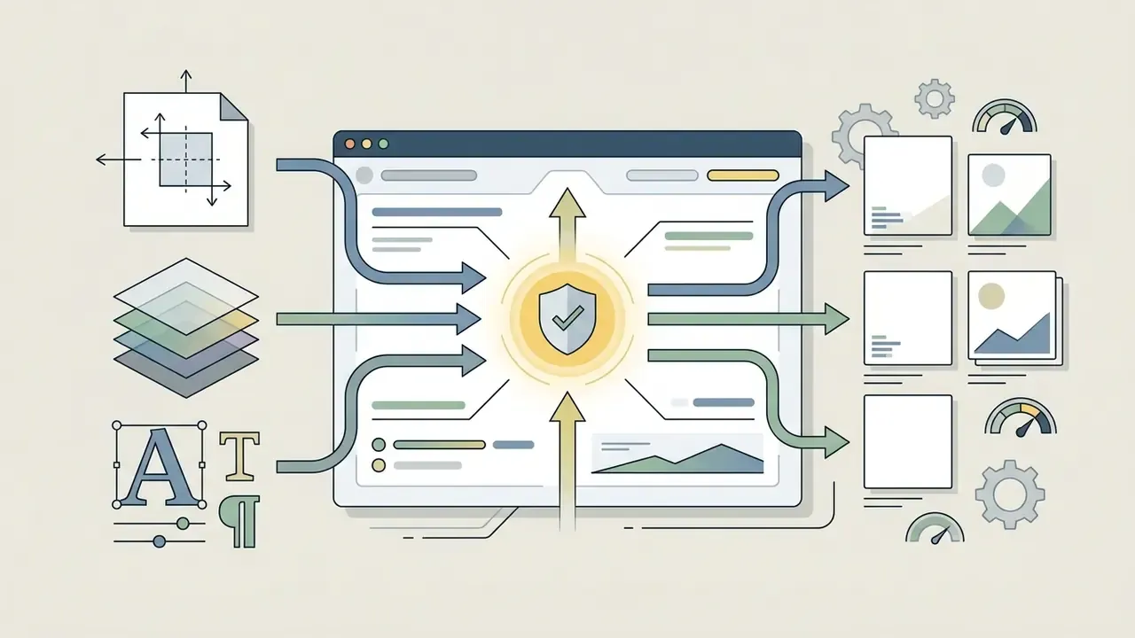 Interactive design tools feeding into a central platform that outputs finished graphic assets