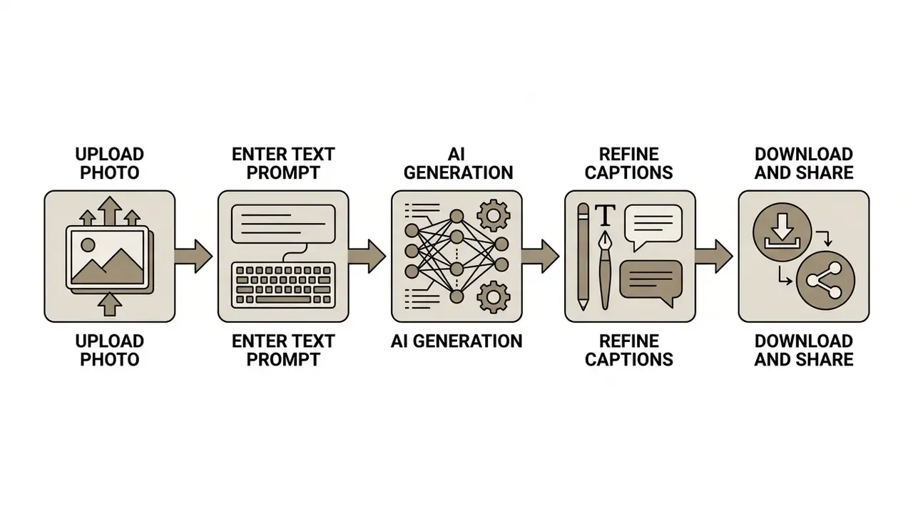 Step-by-step process flow for an ai meme generator from image starting with upload and ending in sharing