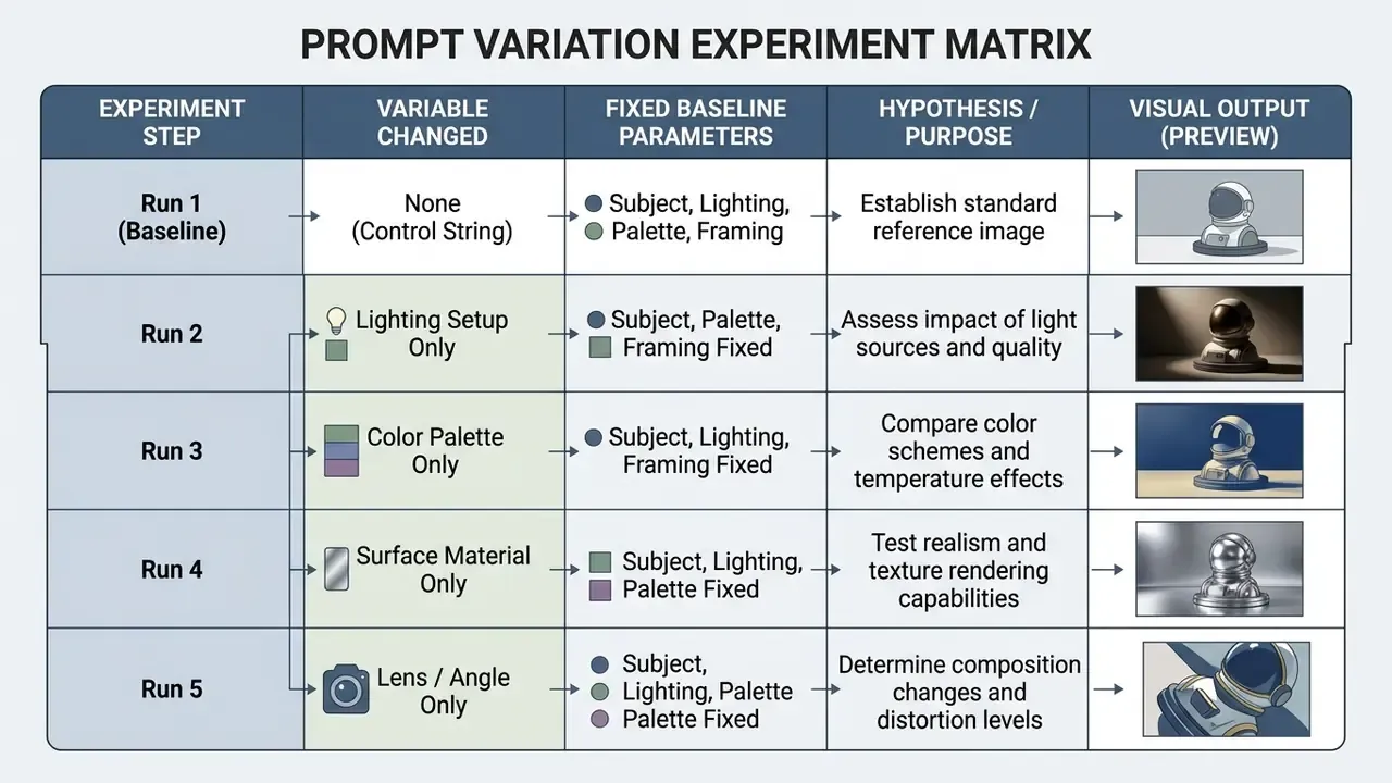 Grid detailing an experimental matrix for testing AI art generator prompts by isolating specific variables