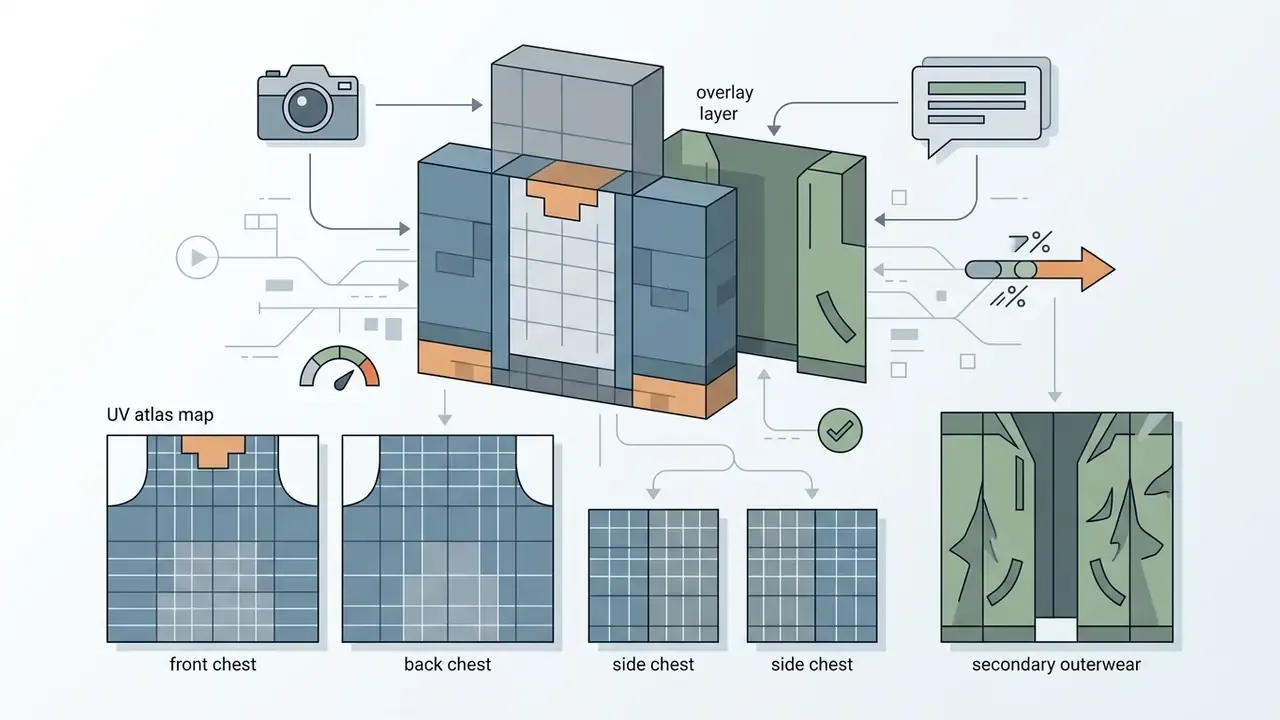 Diagram illustrating the mapping of 2D pixel textures onto a 3D Minecraft torso and jacket model