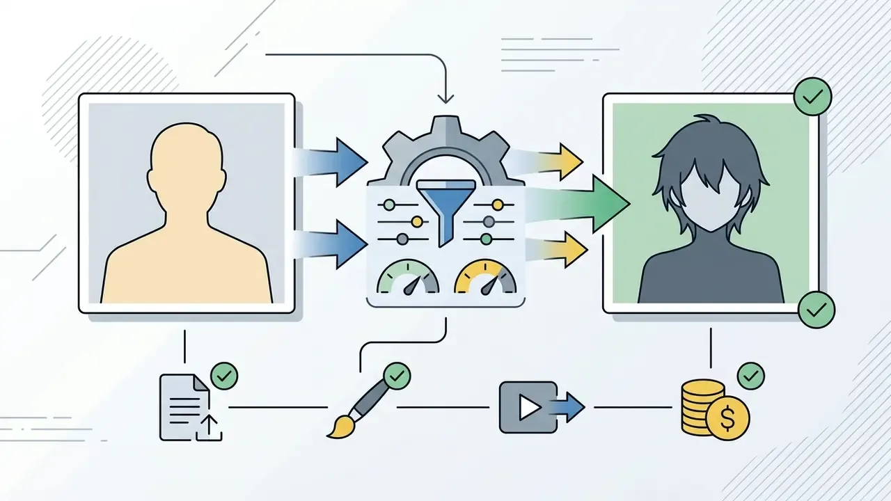 Blank avatar profile feeding into a central processing gear and outputting a stylized character portrait