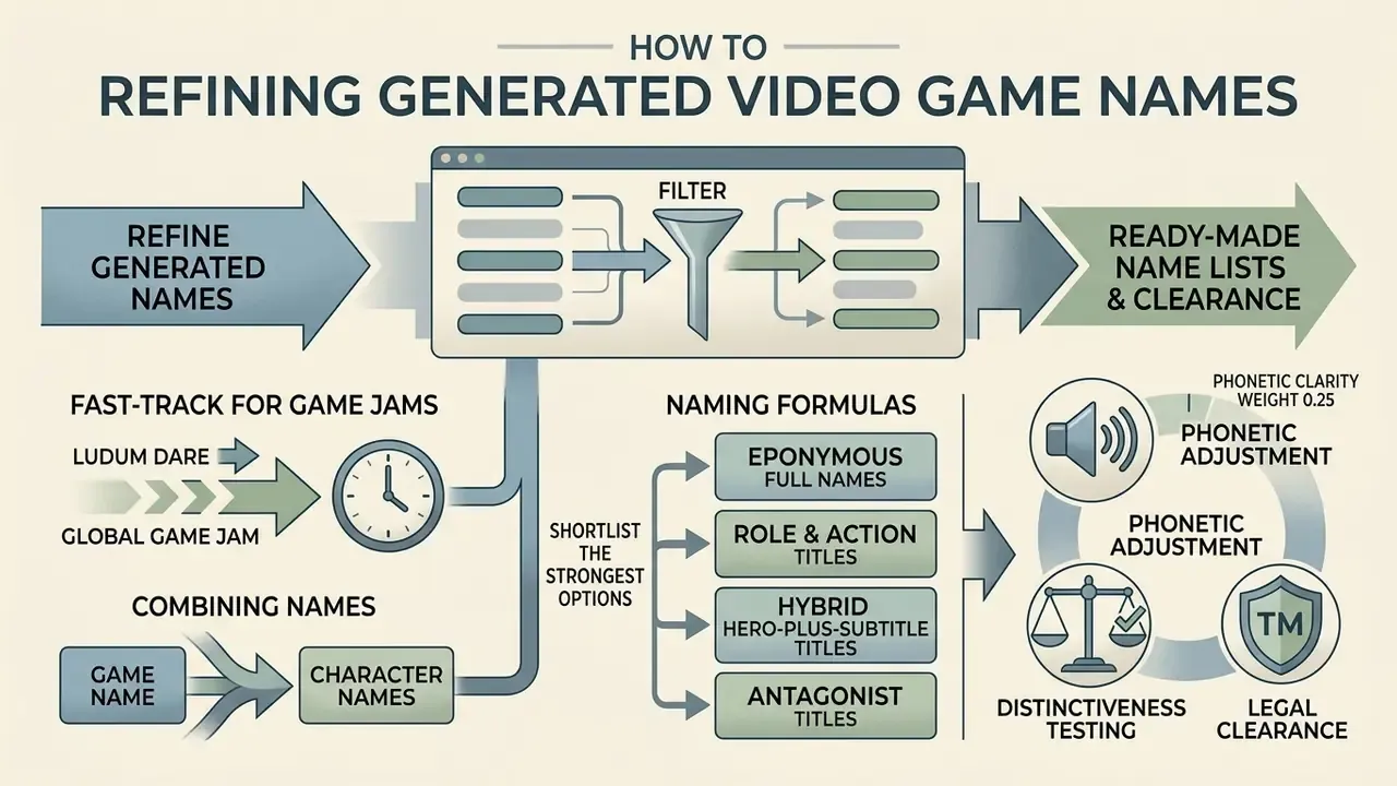 Diagram showing the process of filtering, shortlisting, and legally clearing video game name ideas