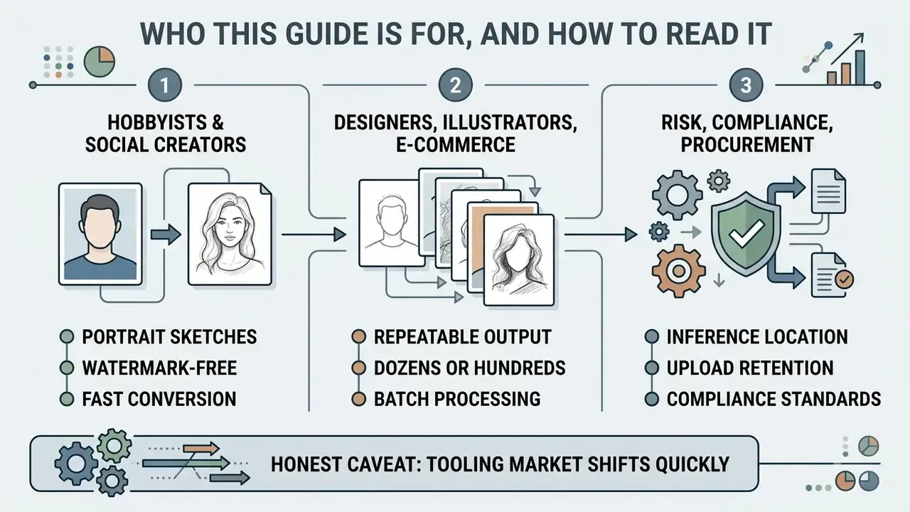 Infographic showing three user groups with distinct needs for converting photos into sketches