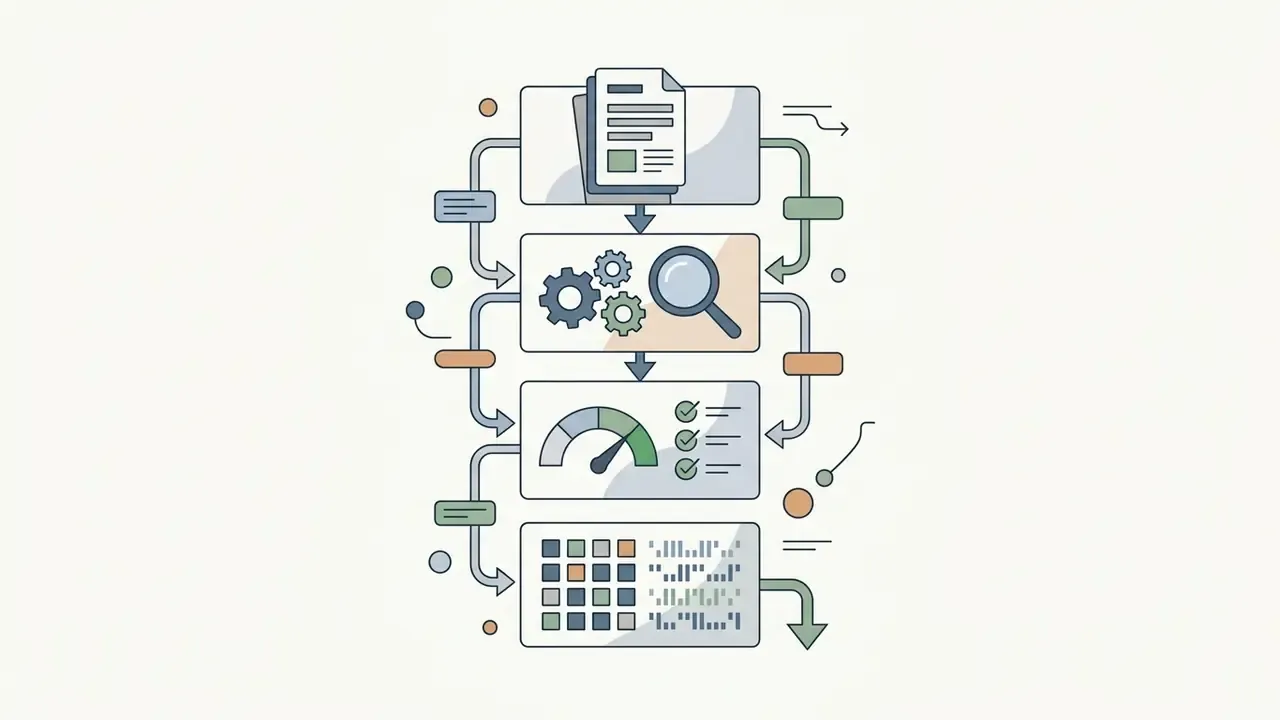 Vertical sequence of document analysis, gear processing, gauge measurement, and data grid output