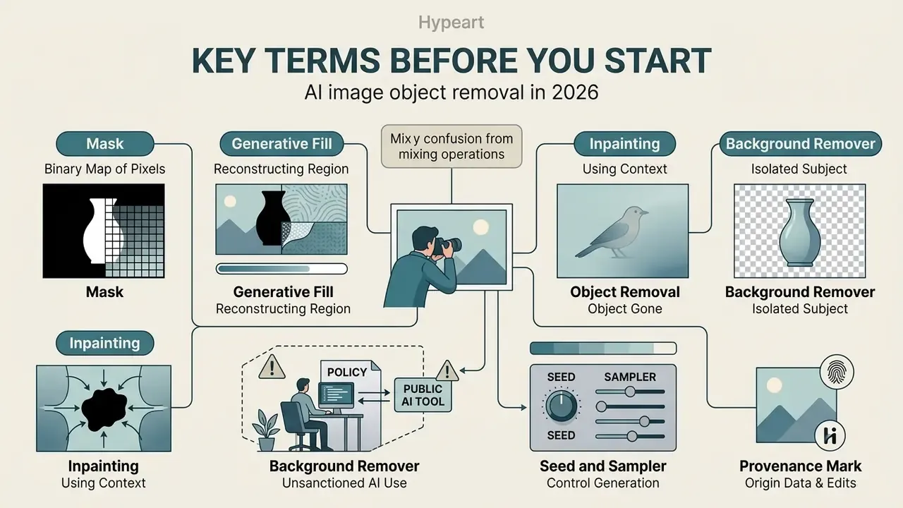 Flowchart defining technical terms for AI image remove object tasks like masking and generative fill
