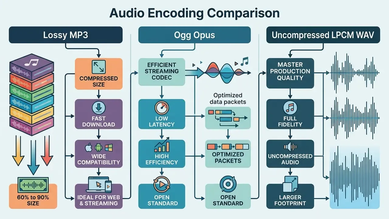 Comparison chart detailing the differences between MP3, Ogg Opus, and uncompressed LPCM WAV audio formats