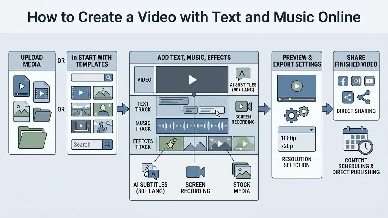 Step-by-step infographic showing the process to create a video with text and music online