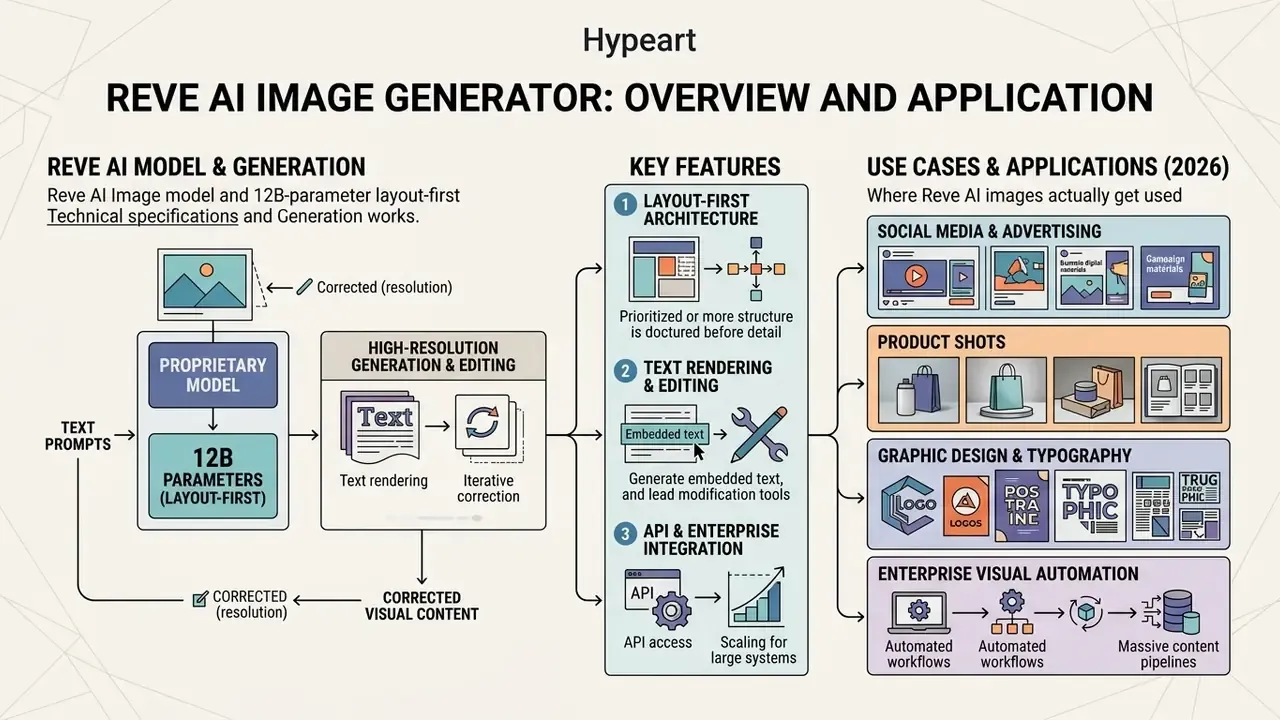 Infographic showing how the Reve AI Image Generator processes text prompts into visual content and use cases