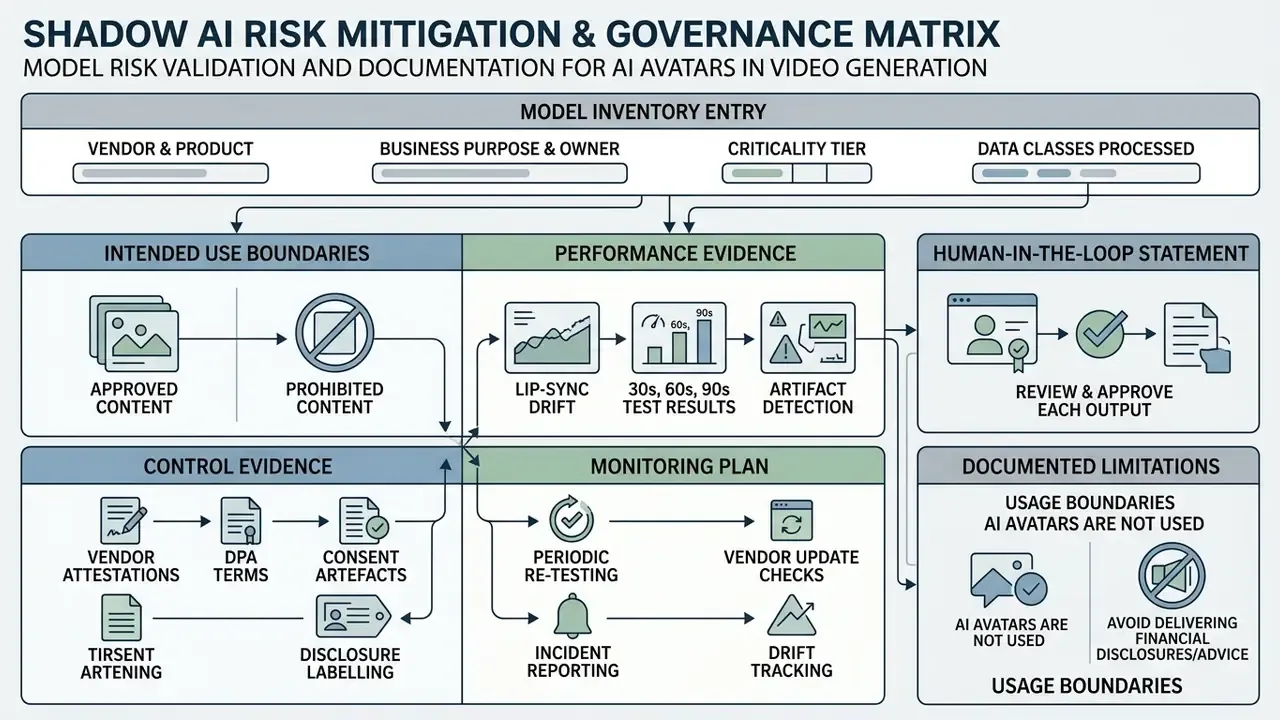 Matrix detailing model inventory, performance evidence, and governance steps for AI avatar software