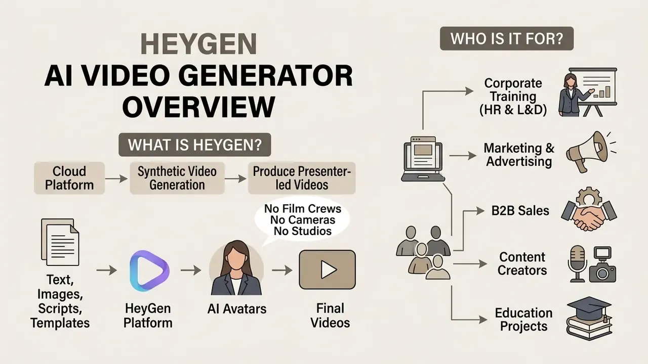 Flowchart detailing the HeyGen platform process and the various professional use cases for AI avatars
