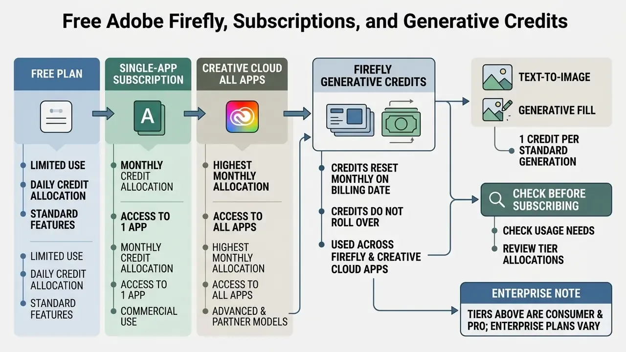 Flowchart comparing Adobe Firefly subscription plans and the monthly generative credit consumption model