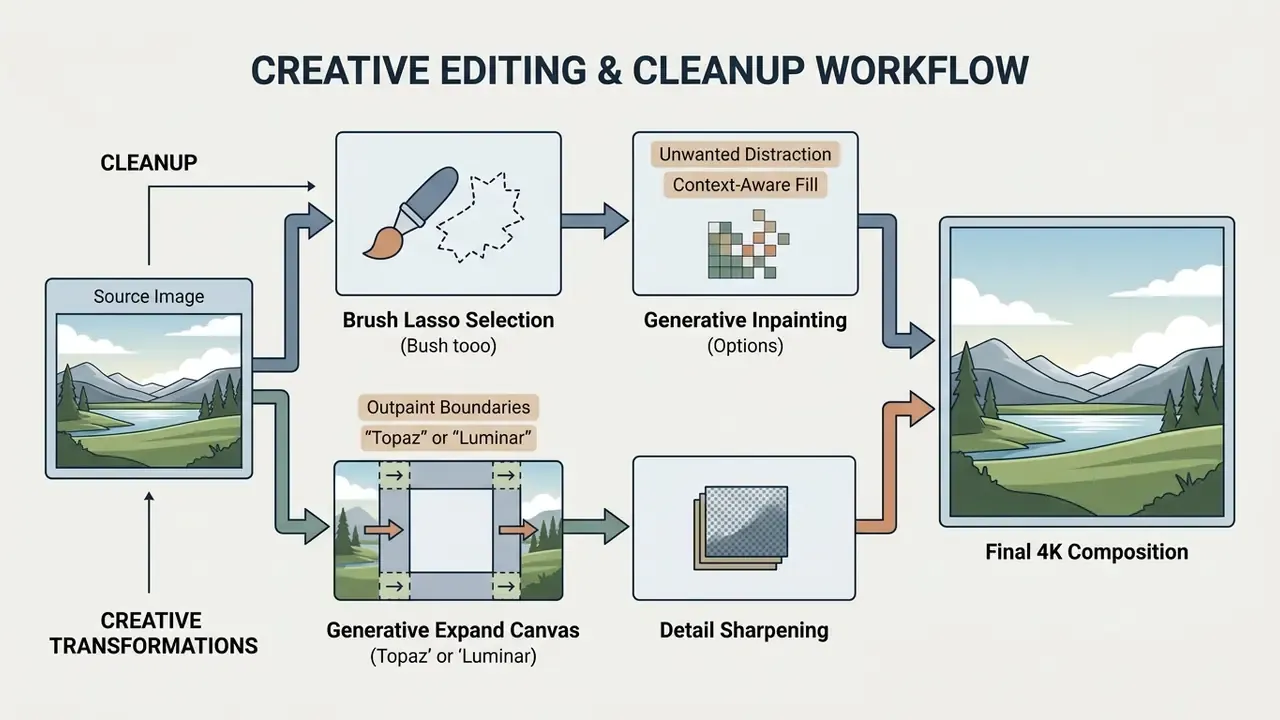 Diagram showing a dual-path workflow for image cleanup and creative expansion into a final composition