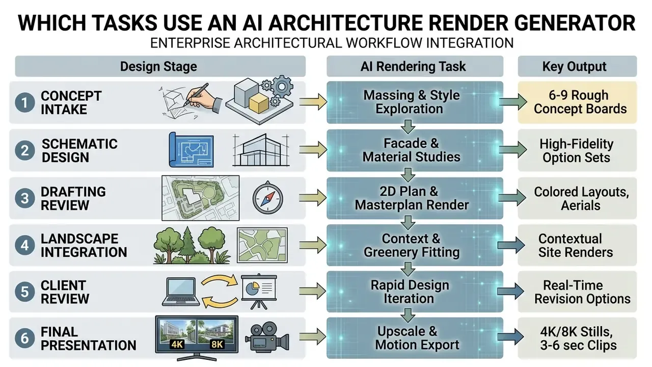 Table mapping six architectural design stages to specific rendering tasks and their resulting project outputs