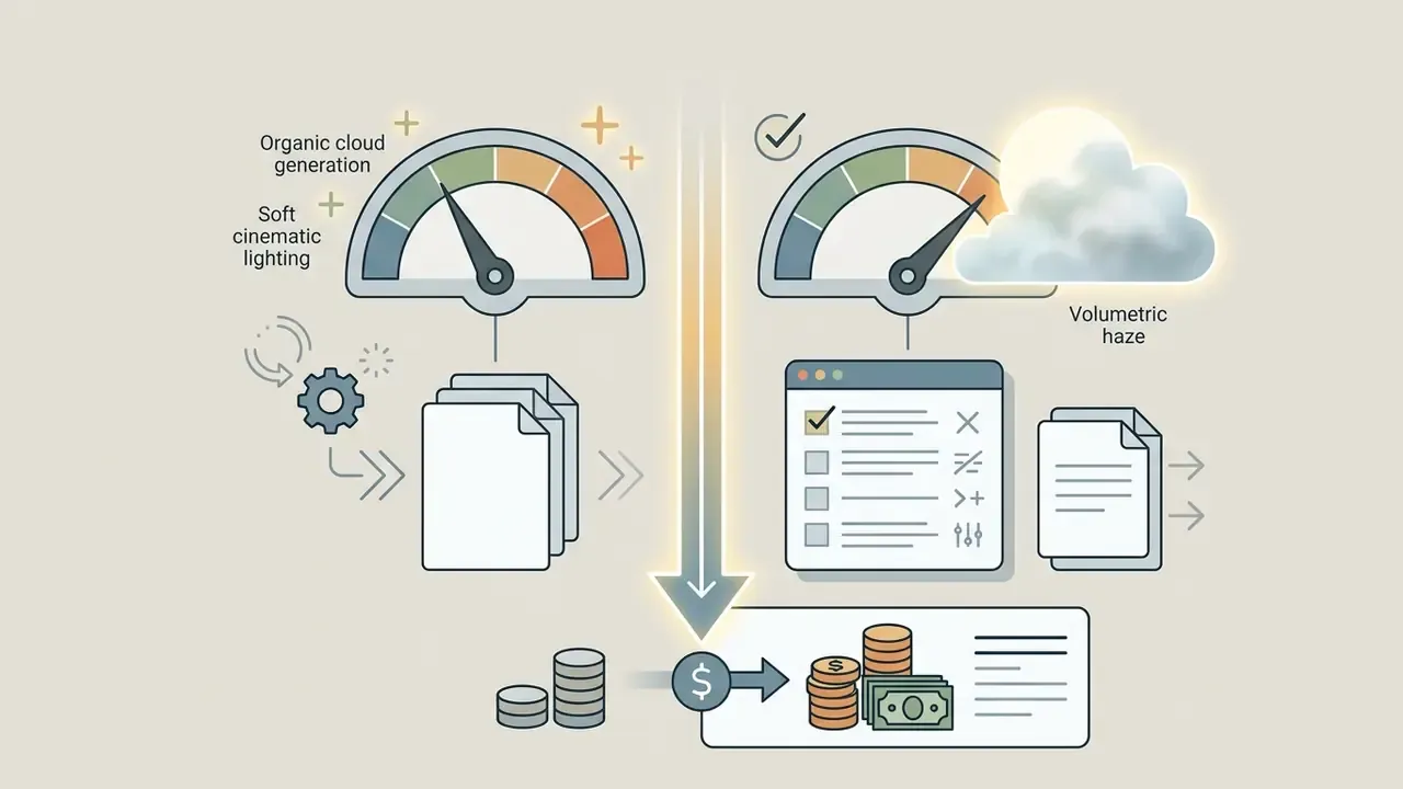 Gauges and document icons representing cloud generation and volumetric haze costs for AI animation