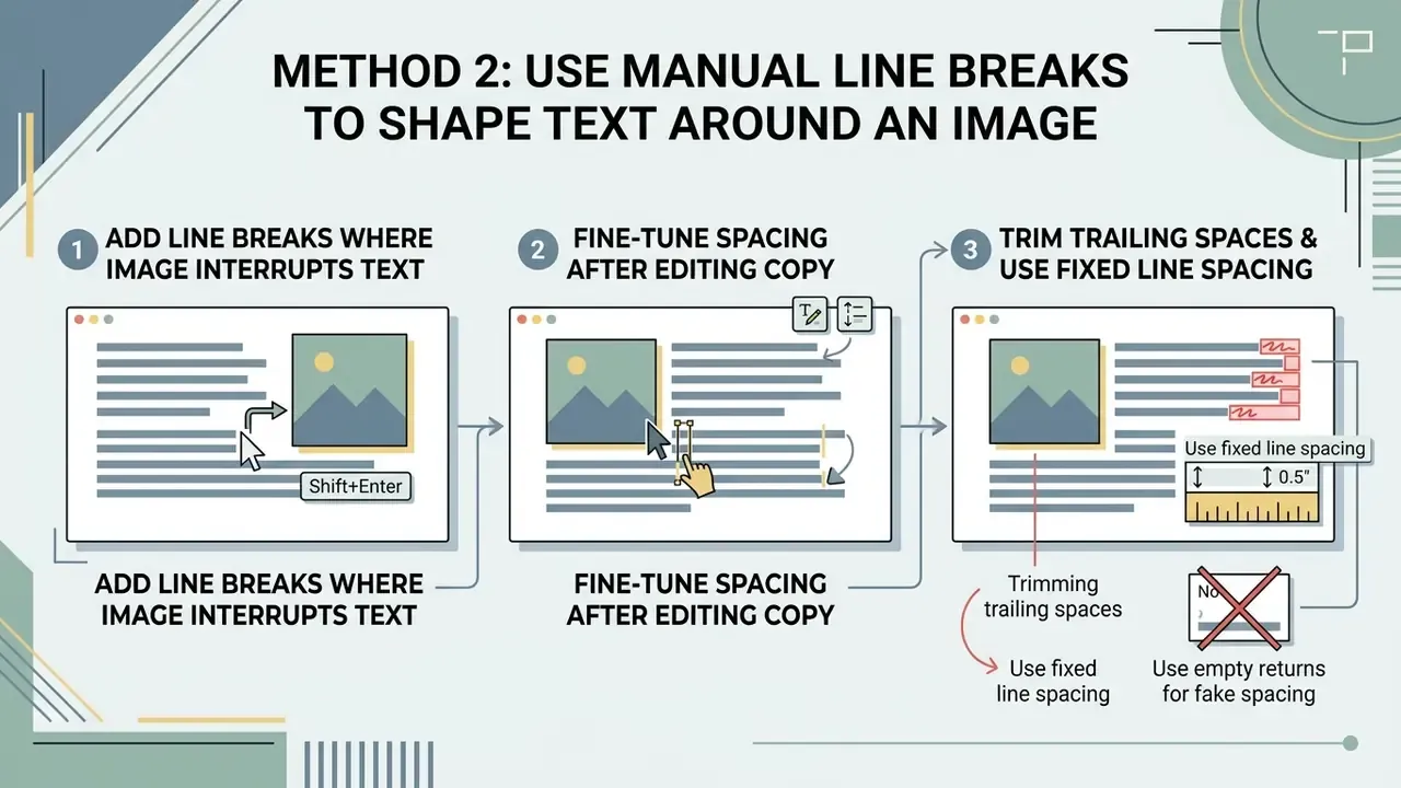 Infographic showing three steps to wrap text around an image using manual line breaks and fixed spacing