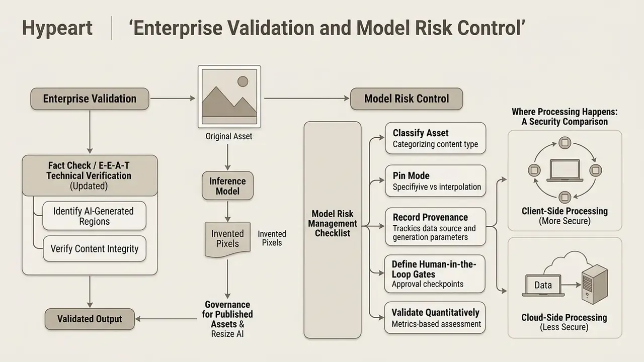 Flowchart detailing technical verification steps and a model risk management checklist for generative assets
