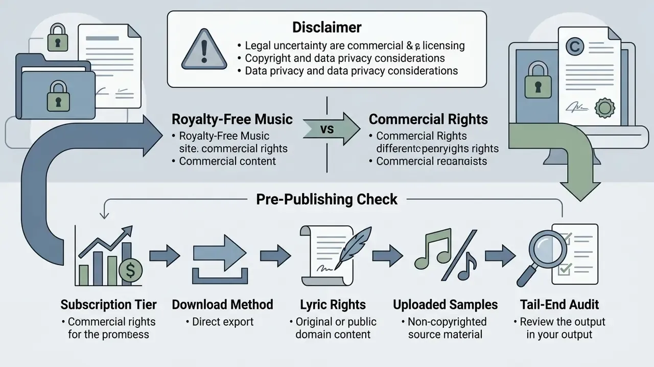 Summary of legal considerations, licensing rights, and the pre-publishing checklist for audio projects