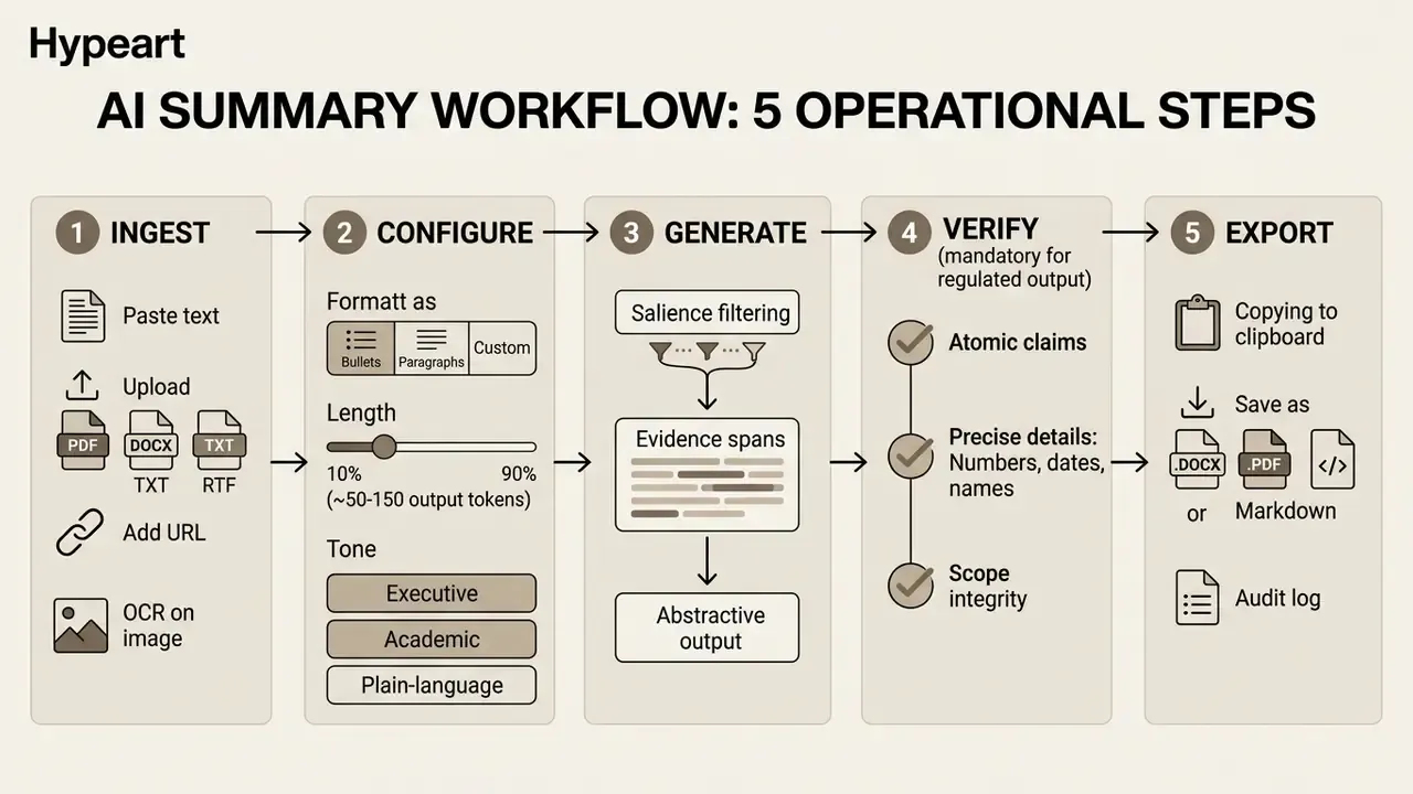 Five sequential stages for an AI summary generator including data ingestion, configuration, and verification