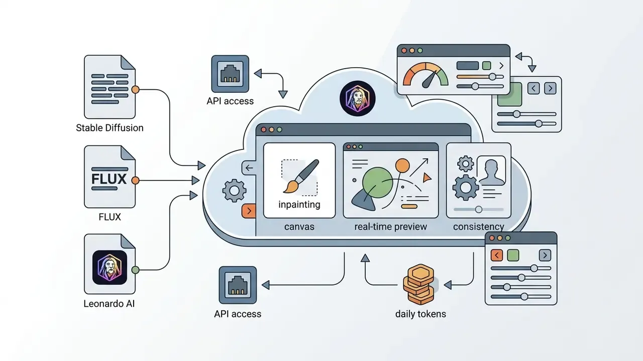 Cloud interface showing model inputs processing into canvas, preview, and consistency editing tools