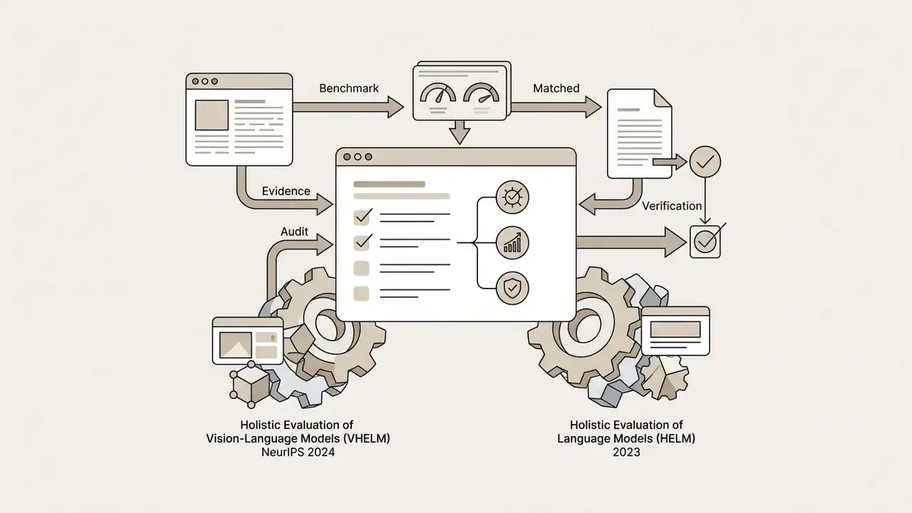 System of gears and windows showing the VHELM and HELM frameworks for auditing AI model evaluation