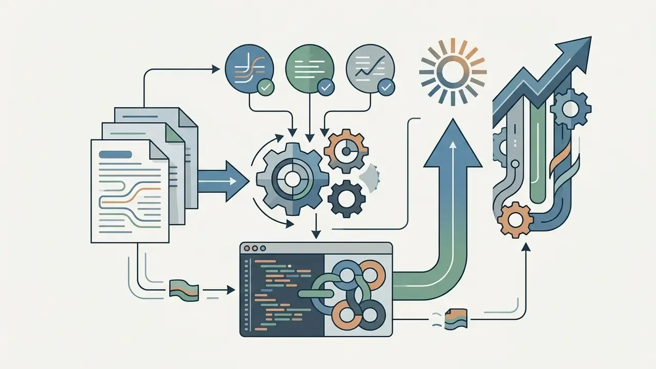 Complex data documents feeding into a mechanical gear system that processes code for AI API cost analysis